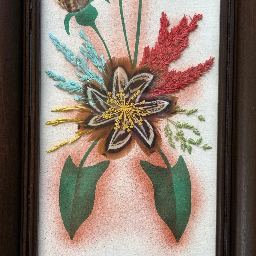 Vintage Ellen Kiefert Prairie Pictures Feather Art Floral Framed Set of 2 MCM